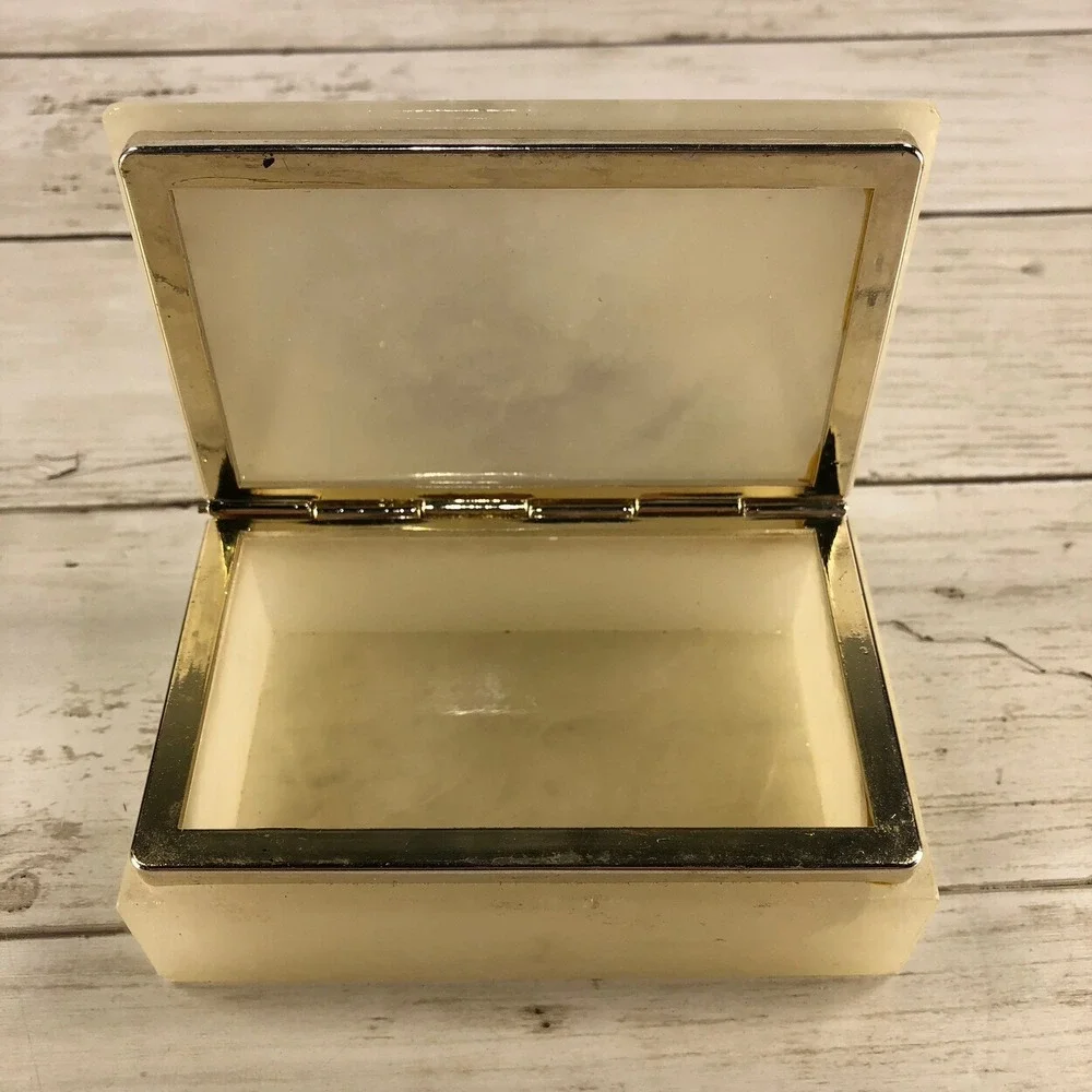 Vintage‎ Alabaster Trinket Box Purple Floral Hinged Jewelry Box Stone Keepsake